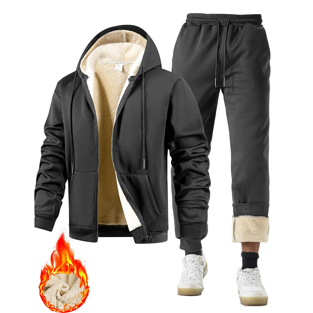 Men’s Winter Plush Tracksuit – Thickened Warm Jacket & Trousers Sport Set
