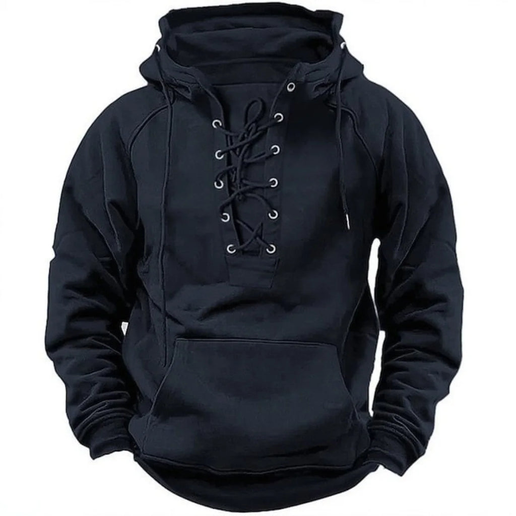 Men’s Retro Lace-Up Hoodie – Loose Fit Pure Color Outdoor Casual Jacket & Long Sleeve Sweatshirt