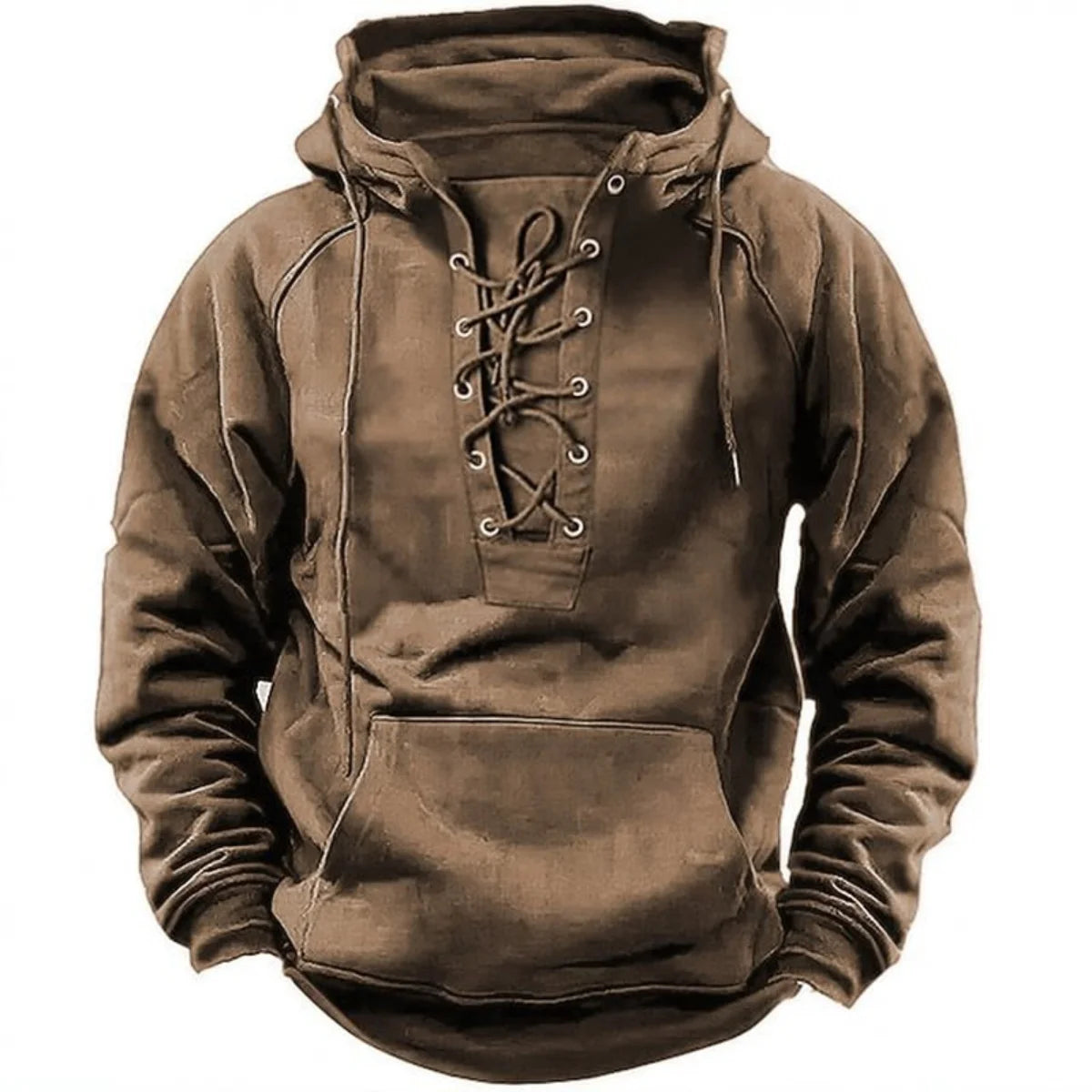 Men’s Retro Lace-Up Hoodie – Loose Fit Pure Color Outdoor Casual Jacket & Long Sleeve Sweatshirt