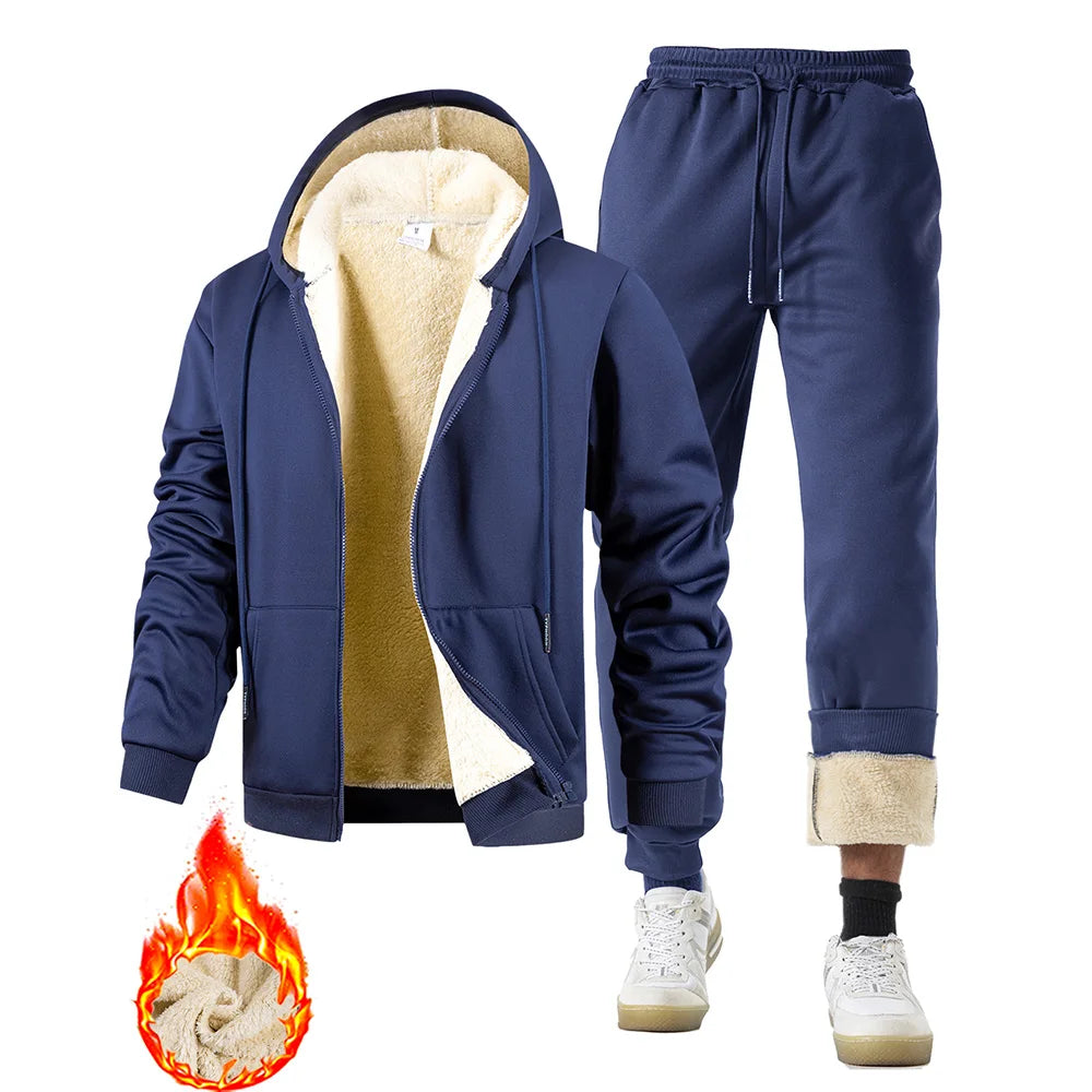Men’s Winter Plush Tracksuit – Thickened Warm Jacket & Trousers Sport Set