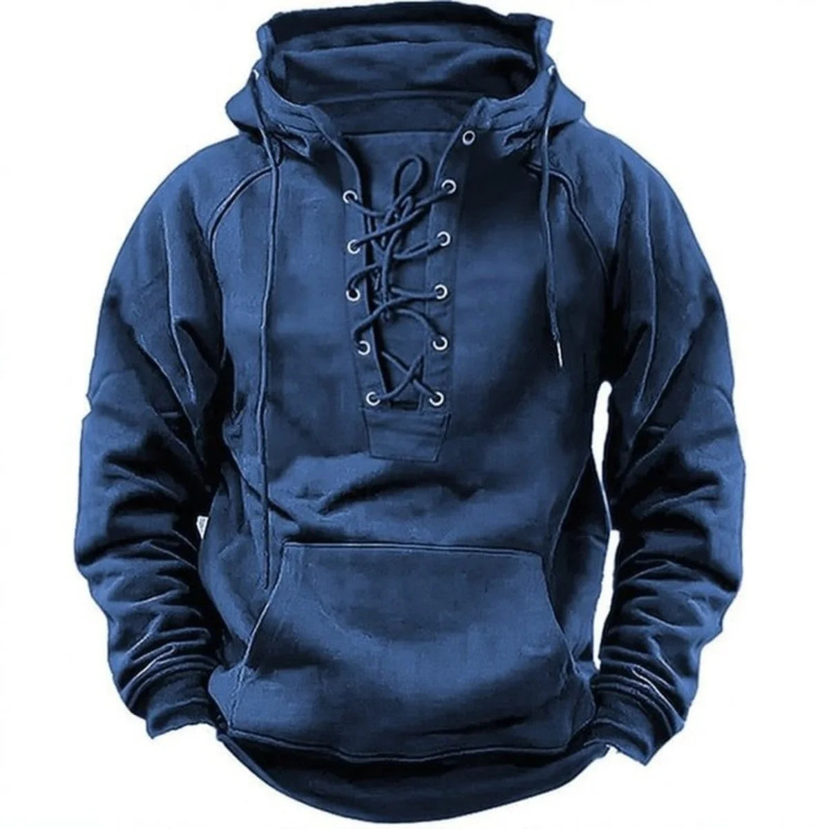 Men’s Retro Lace-Up Hoodie – Loose Fit Pure Color Outdoor Casual Jacket & Long Sleeve Sweatshirt