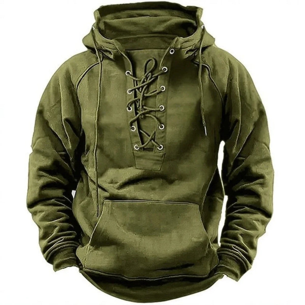 Men’s Retro Lace-Up Hoodie – Loose Fit Pure Color Outdoor Casual Jacket & Long Sleeve Sweatshirt