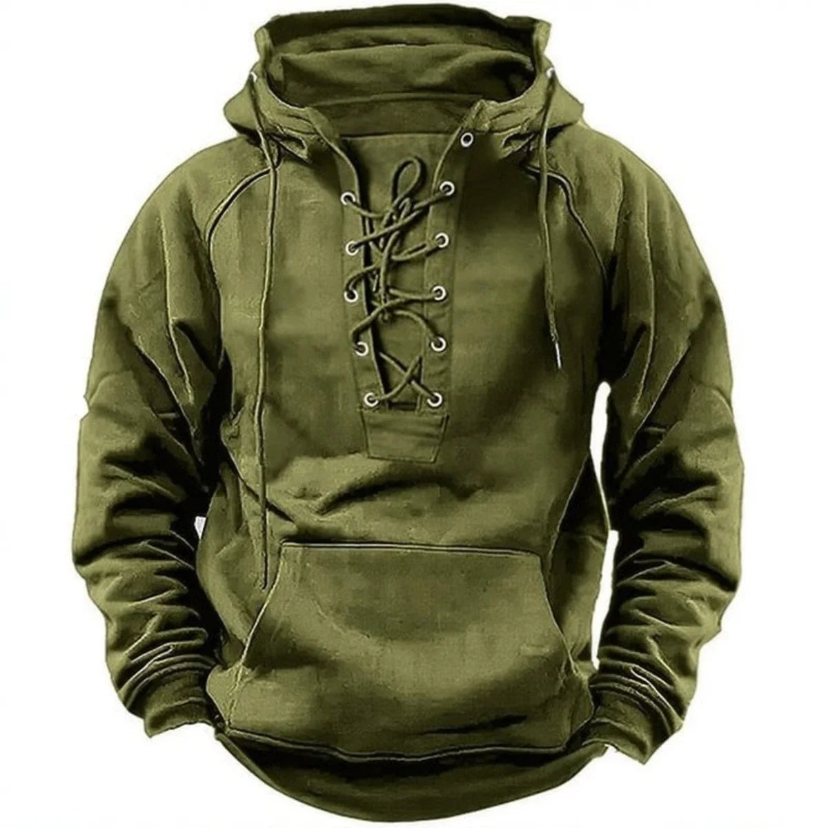 Men’s Retro Lace-Up Hoodie – Loose Fit Pure Color Outdoor Casual Jacket & Long Sleeve Sweatshirt