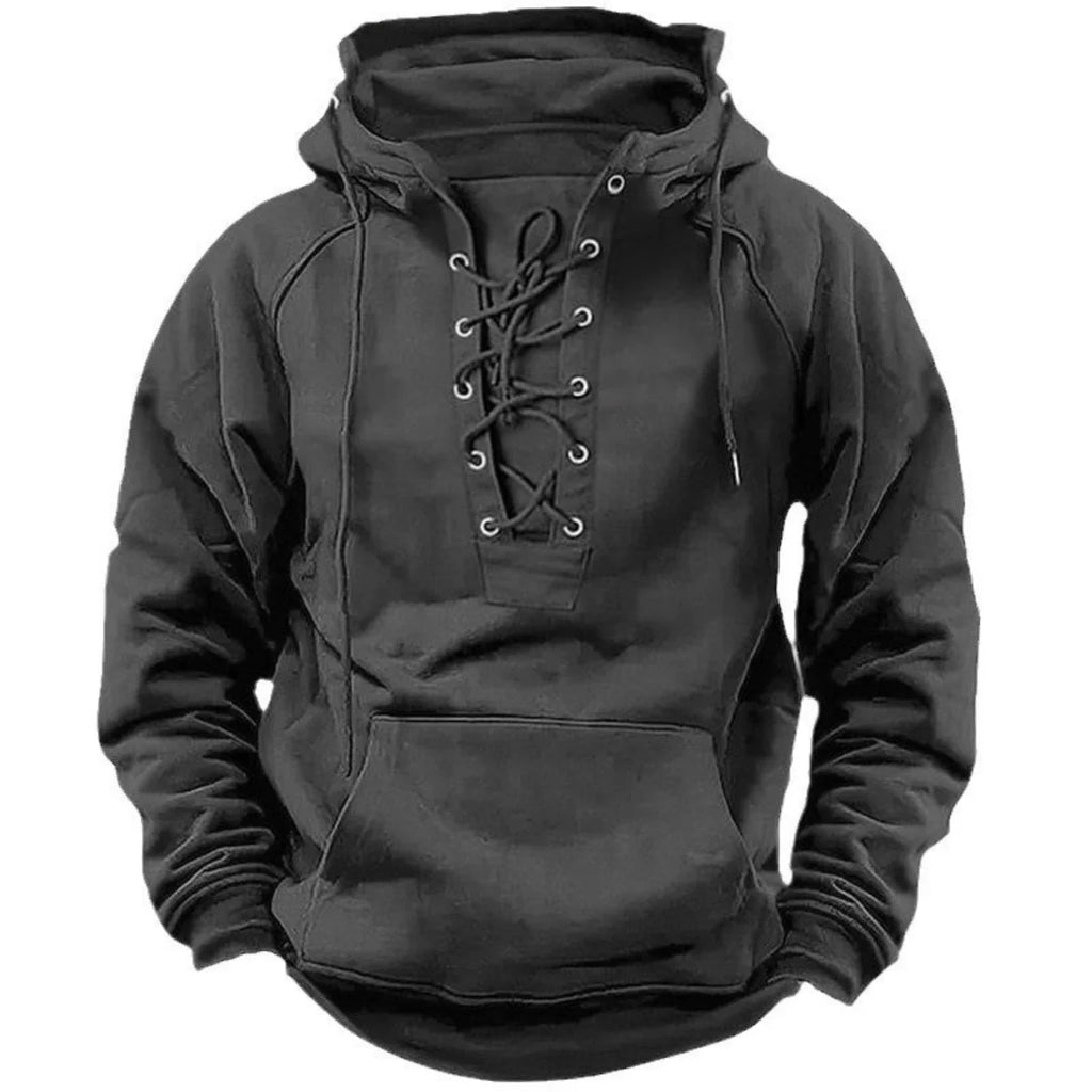Men’s Retro Lace-Up Hoodie – Loose Fit Pure Color Outdoor Casual Jacket & Long Sleeve Sweatshirt